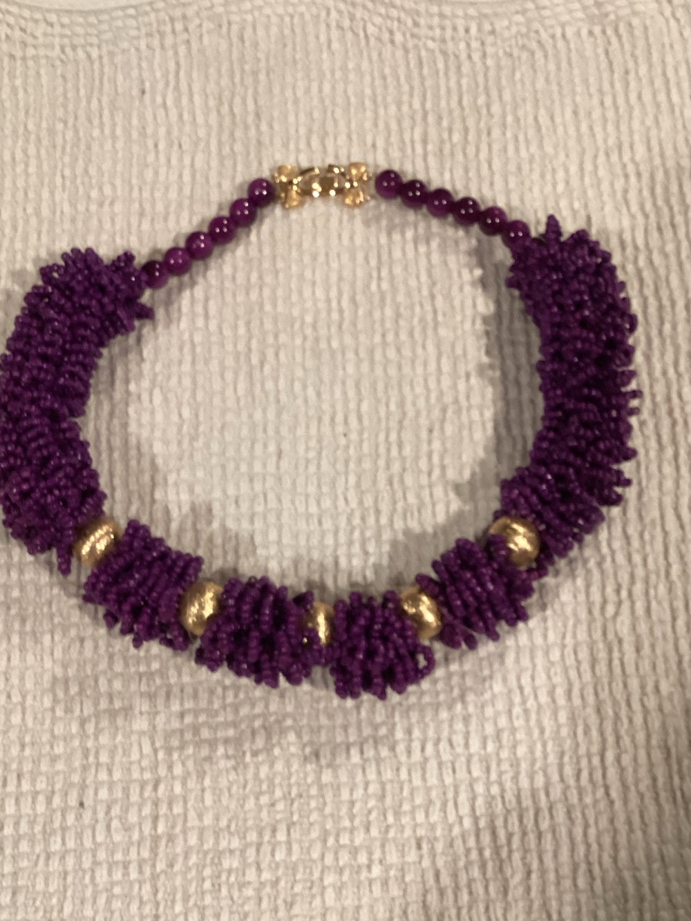 Handcrafted Purple Beaded Statement Necklace with Gold Accents